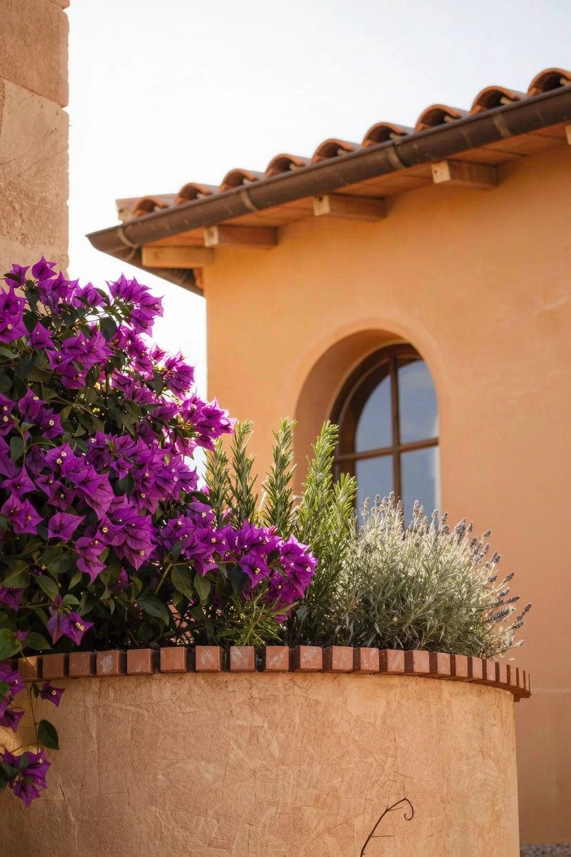 Large round terracotta planter filled with purple bougainvillea flowers and green herbs at the corner of a beige stucco house wall with terracotta roof tiles and a round-arched window.