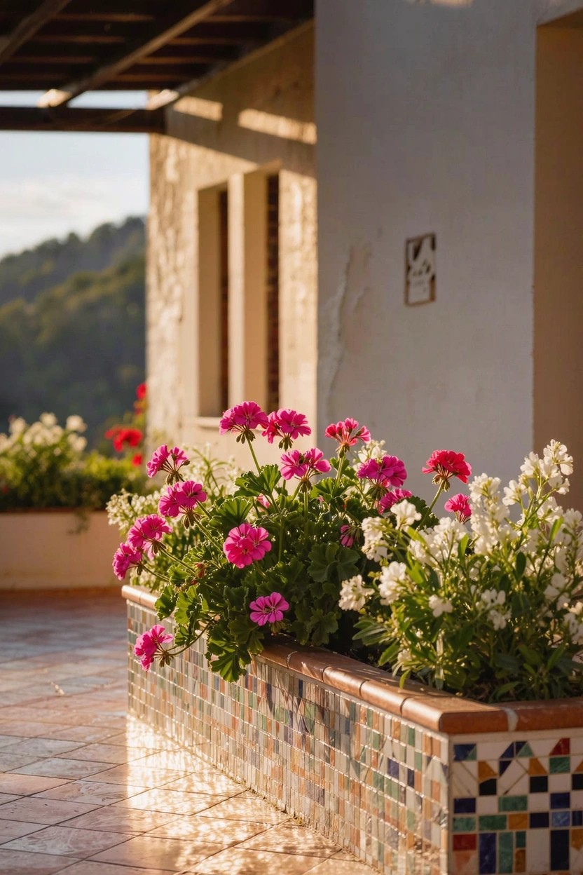 White stucco exterior wall under a wooden pergola with two colorful mosaic-tiled planter boxes filled with pink geraniums and white flowers along a tiled patio walkway.
