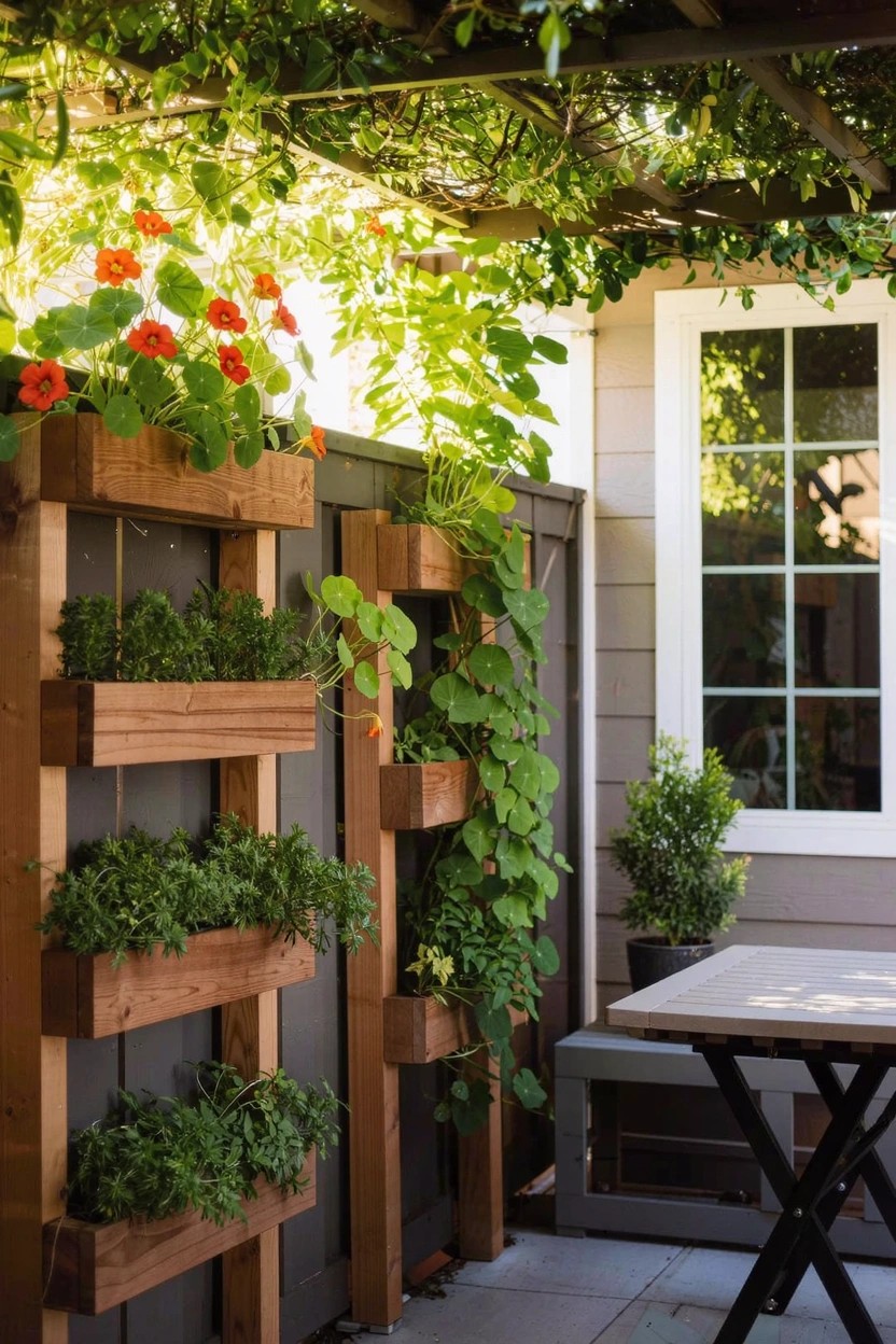 Corner outdoor space with tall wooden frame holding stacked planters filled with green herbs and trailing vines against a light-colored fence and house wall, small table with benches nearby.