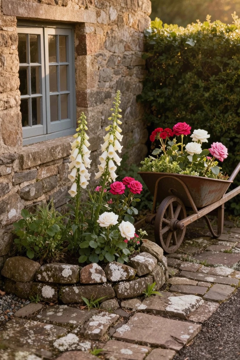 Stone house wall with blue window, white foxglove plants, circular stone flower bed with roses, and wheelbarrow filled with red, pink, and white geraniums on gravel path.
