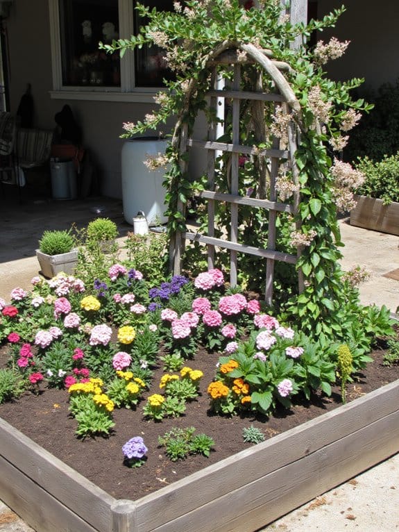 elevated planting with trellises
