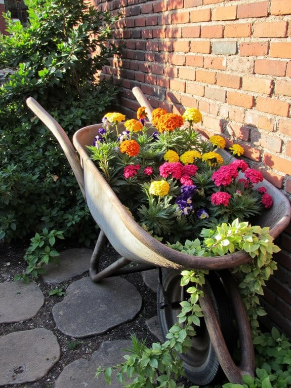 repurposed wheelbarrow flower bed