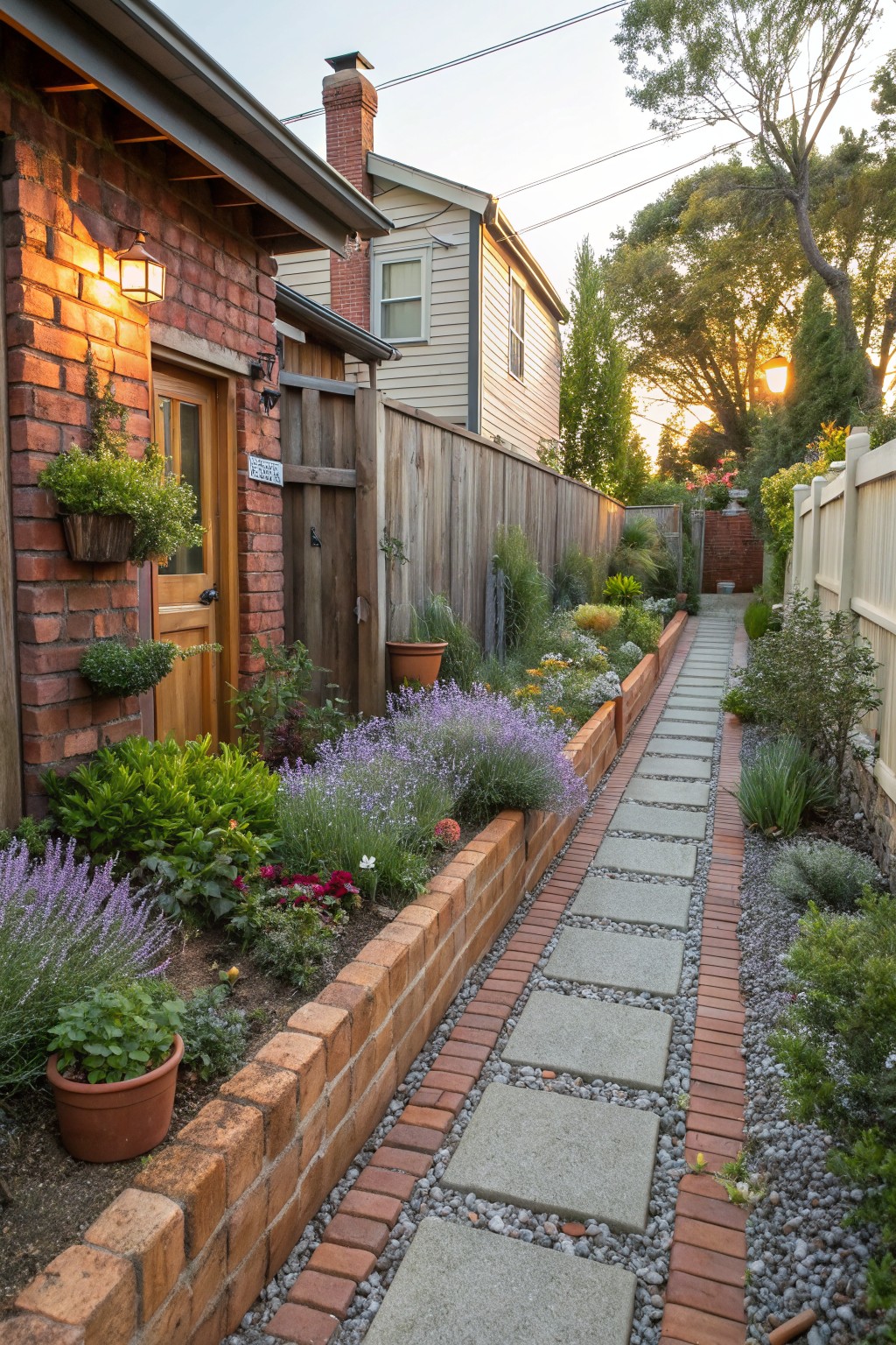 Narrow stone pathway lined with raised brick flower beds containing lavender, grasses, shrubs, and small flowers, edged by gravel, running beside a brick house wall and wooden fence toward a gate.