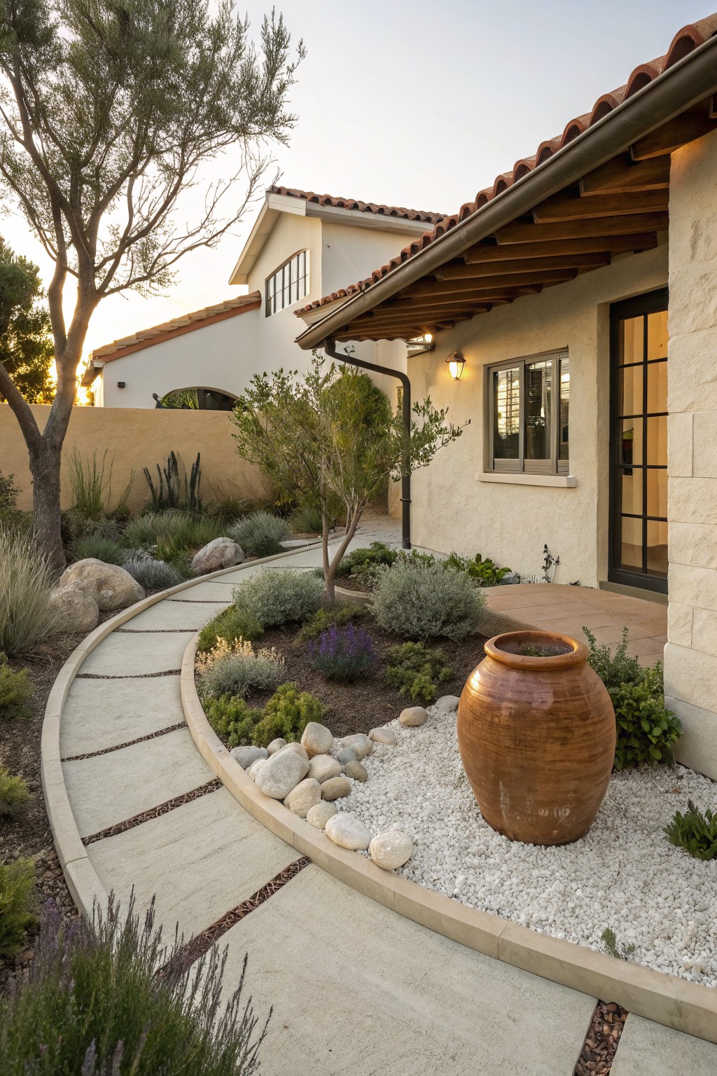 Curved concrete pathway edged by gravel, rocks, and drought-tolerant plants including lavender and succulents, with a large terracotta pot beside it, leading to a beige stucco house door under a tiled roof overhang.