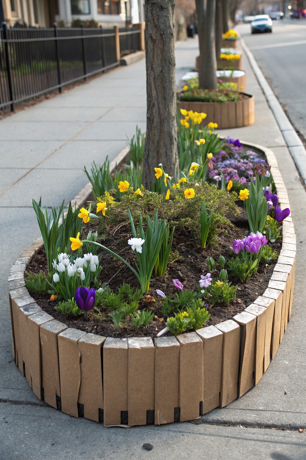 Curved raised flower bed edged with stacked plank material around a tree trunk on a sidewalk, filled with yellow daffodils, purple tulips, white narcissus, and other spring plants beside a black metal fence and street.