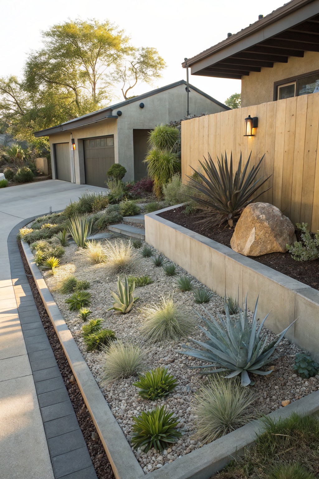 Driveway bordered by raised concrete planter beds filled with succulents, agaves, grasses, gravel mulch, and a large boulder, adjacent to a garage and wooden fence.
