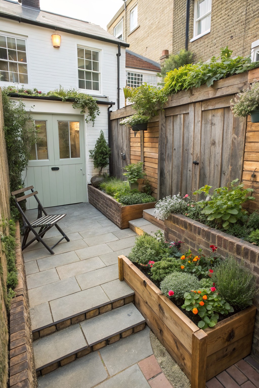 Small paved courtyard with raised wooden planters filled with flowers, herbs, and greenery along brick walls and steps, a folding wooden chair nearby, and a green door on a white house wall.