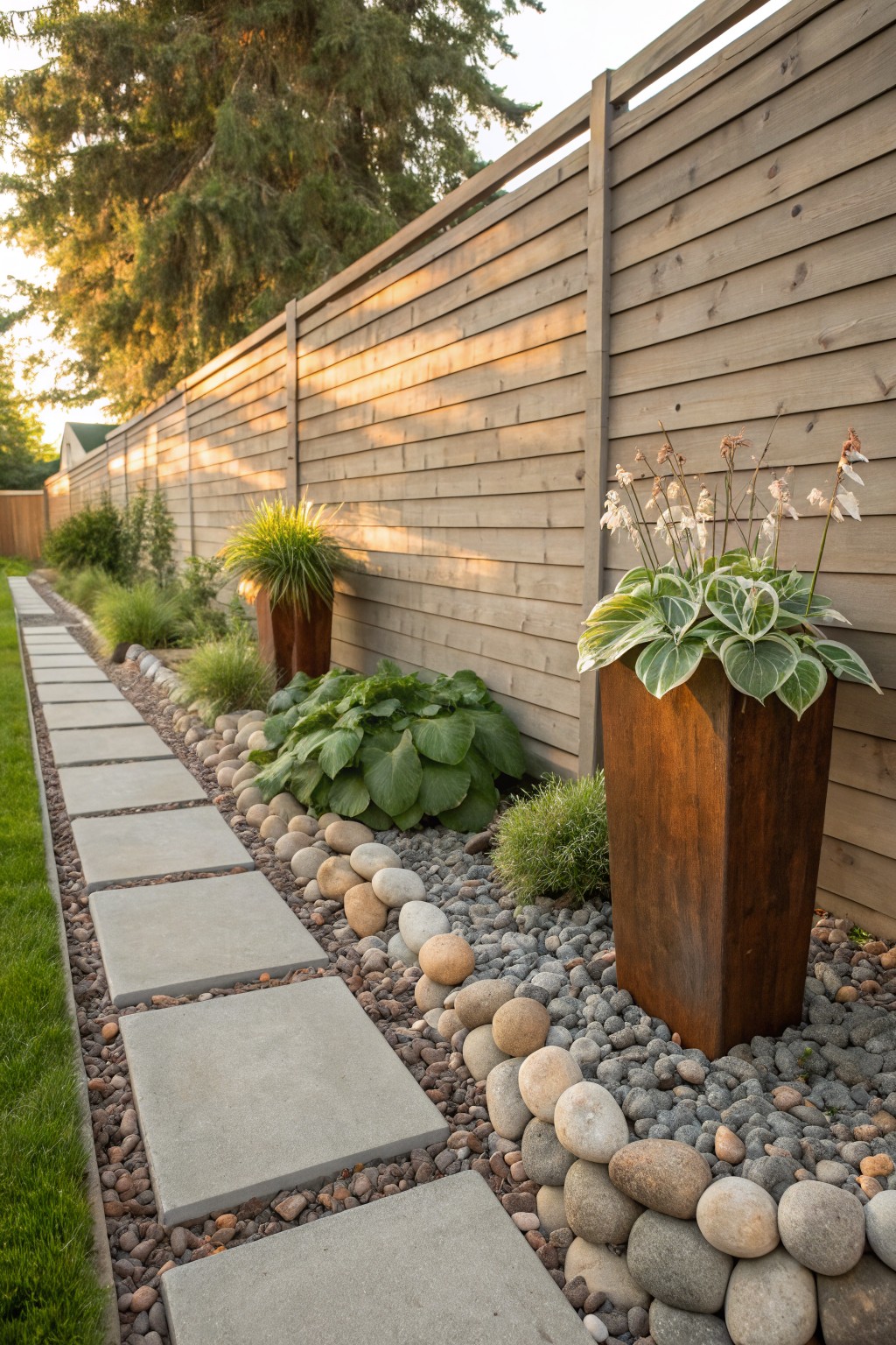 Narrow concrete paver pathway along a wooden fence, bordered by rounded white river rocks, gray gravel, boulders, hostas in pots, and ornamental grasses.