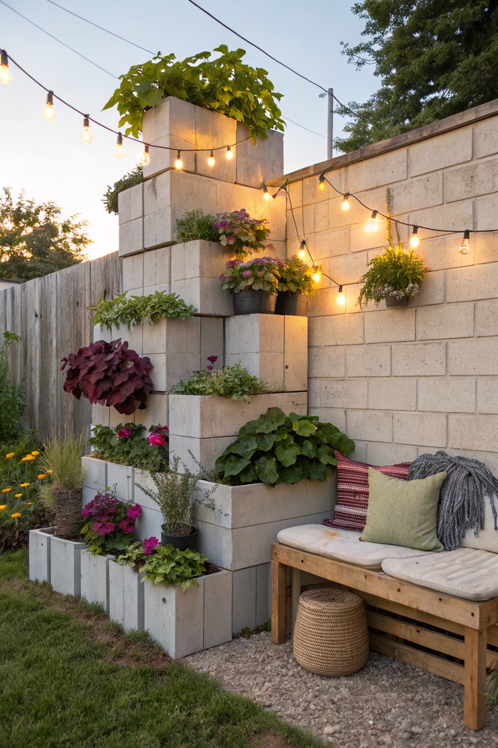 Stacked white concrete blocks form tiered planters filled with various green and flowering plants, with string lights overhead and a wooden bench nearby against a block wall in a backyard.