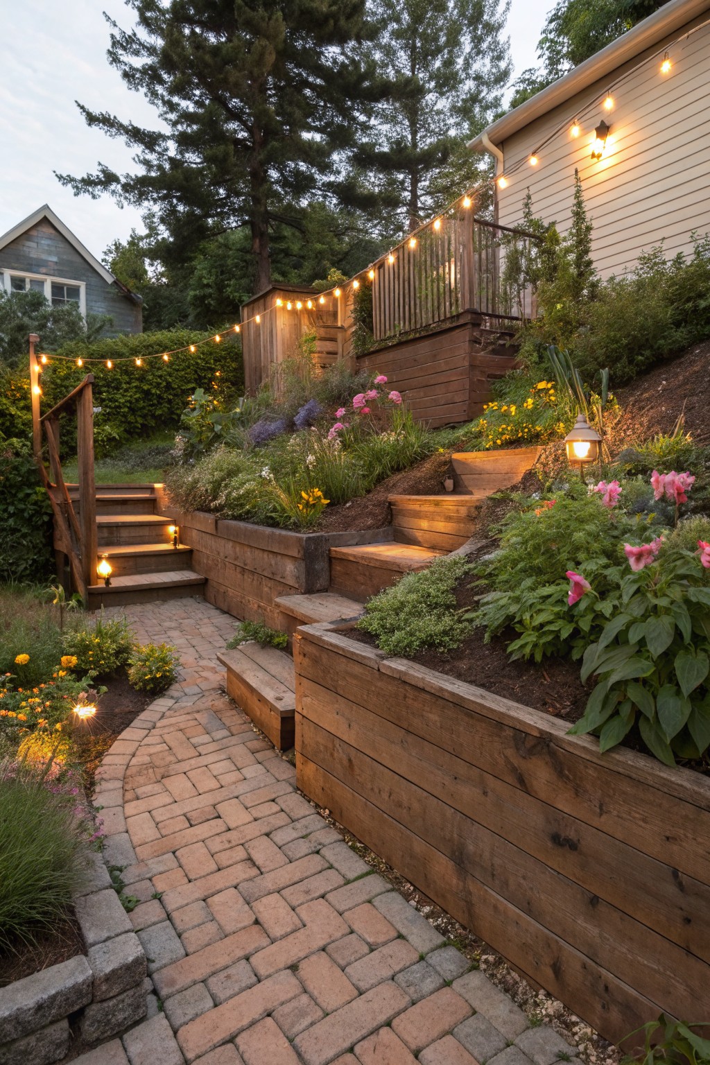 Sloped backyard with wooden retaining walls forming terraced flower beds filled with colorful blooms, wooden steps, a curved brick pathway, lanterns, and string lights along railings at dusk.