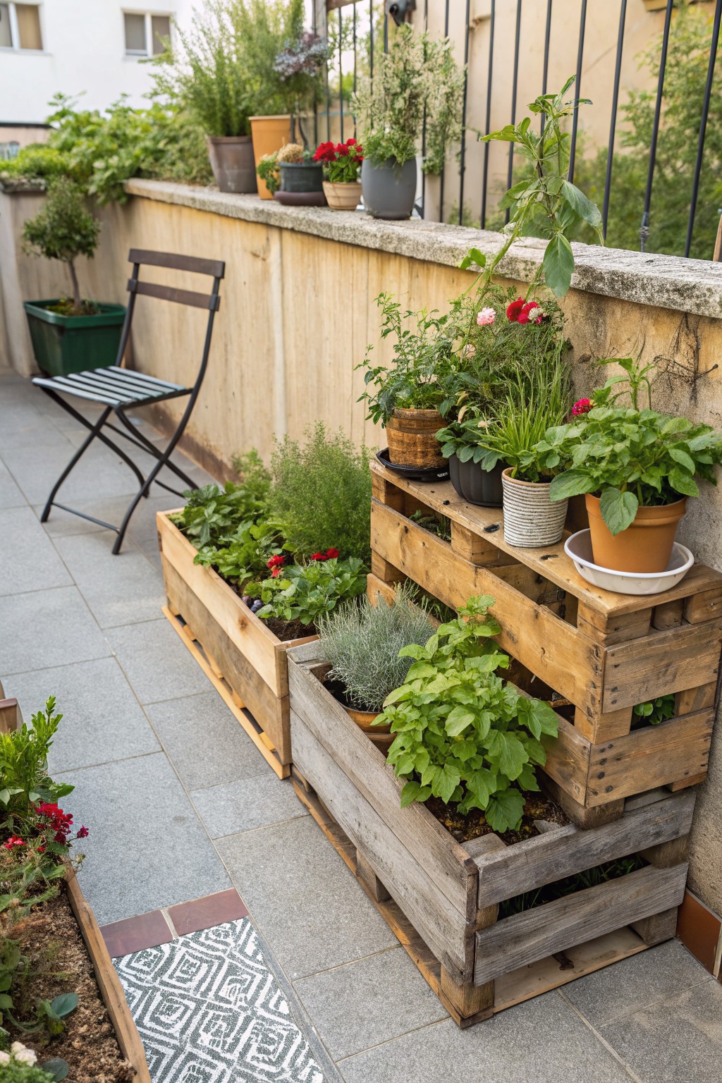 Wooden pallets stacked and repurposed as tiered planters filled with various green plants, herbs, and flowers on a tiled balcony terrace next to a beige stucco wall and metal railing, with a folding chair nearby.