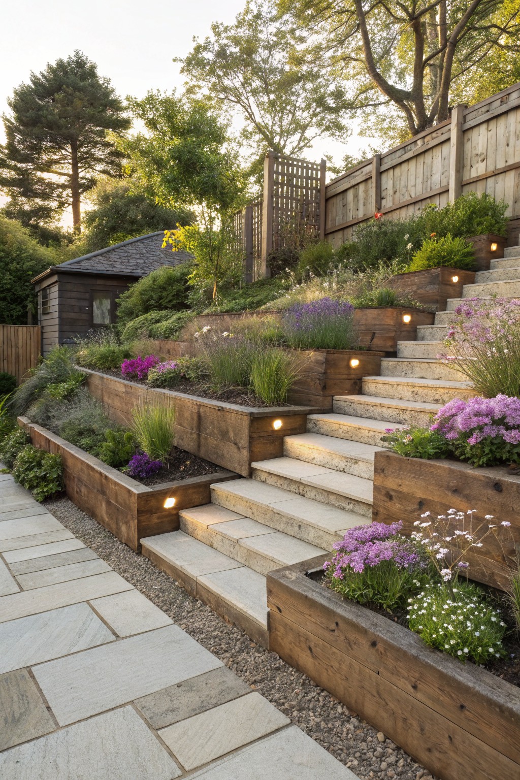 Sloped backyard with multiple terraced wooden retaining walls planted with pink flowers, lavender, and grasses, integrated stone steps with built-in lights, and a paved patio at the base.
