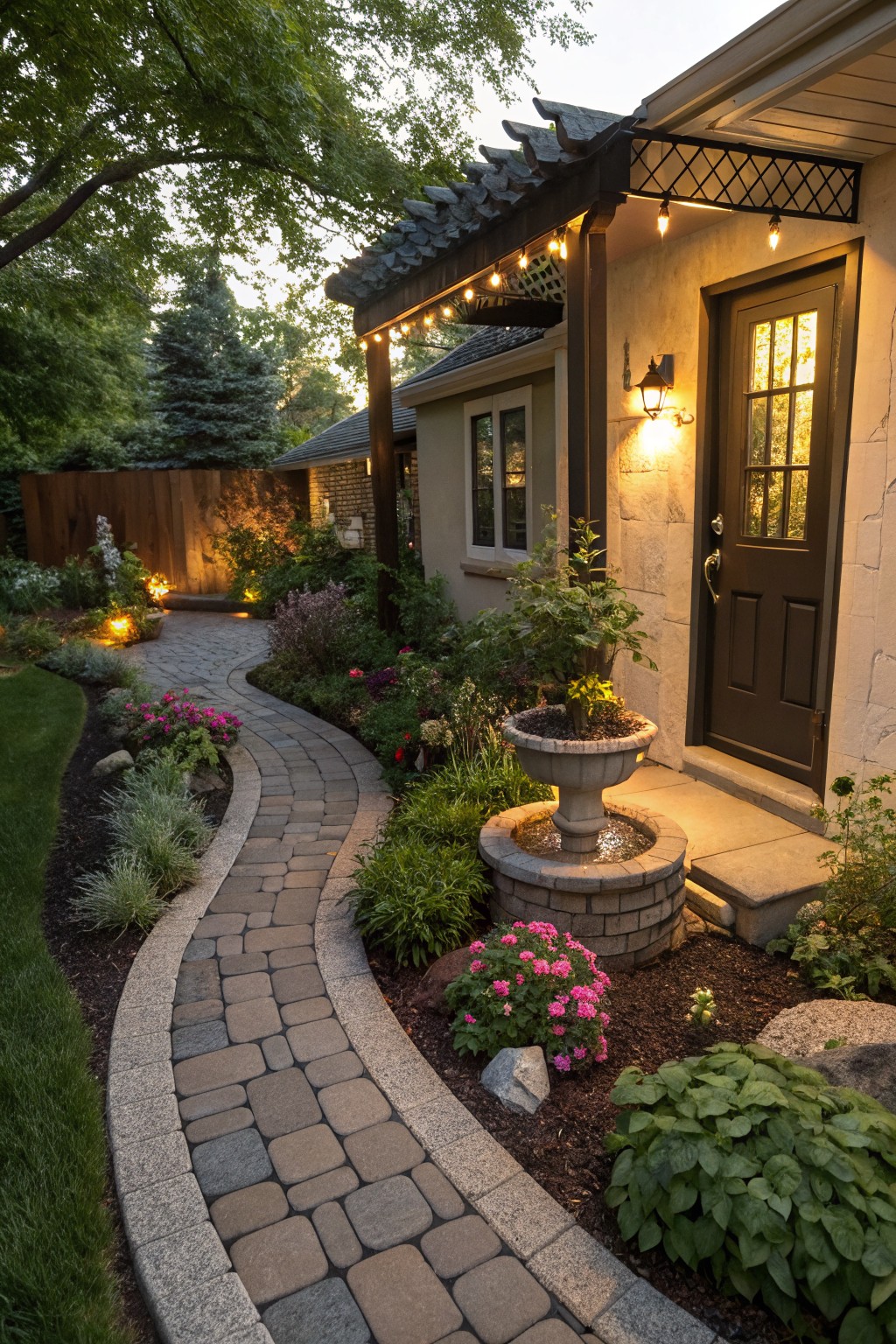 Curved gray paver pathway winds through landscaped beds with green shrubs, pink flowers, a stone fountain, and path lights, leading to a dark wood door on a beige stucco house with pergola string lights and trees in the background.