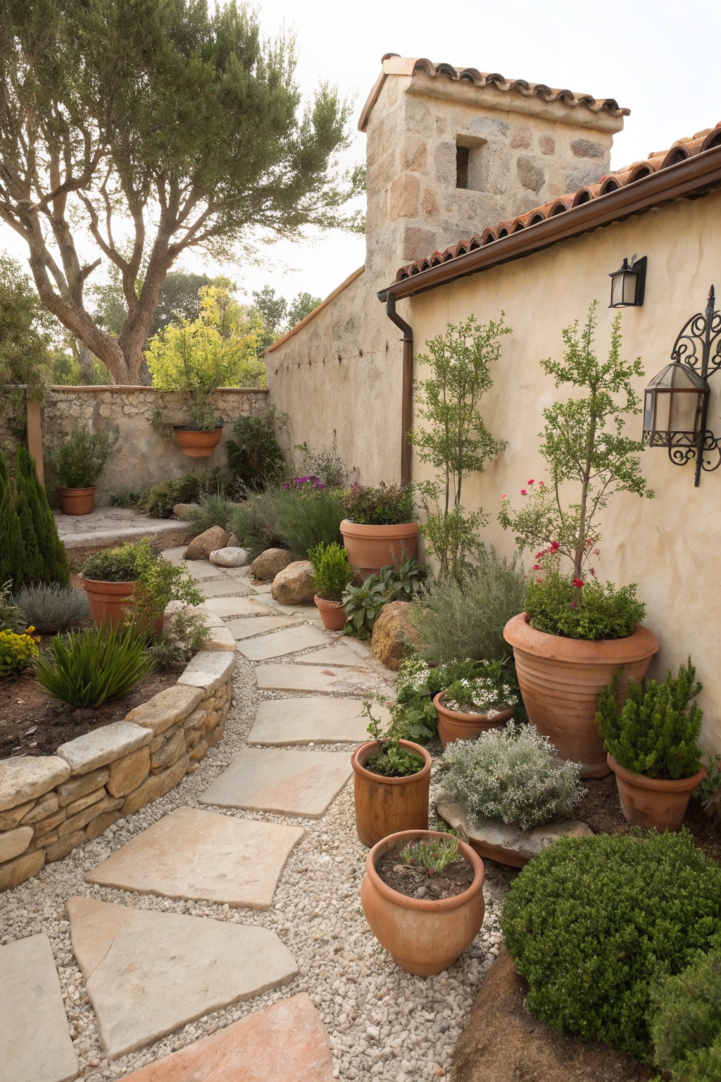 Small courtyard garden featuring a curving flagstone path edged with numerous terracotta pots of plants, gravel ground cover, stone retaining walls, and a stucco wall with tiled roof in the background.