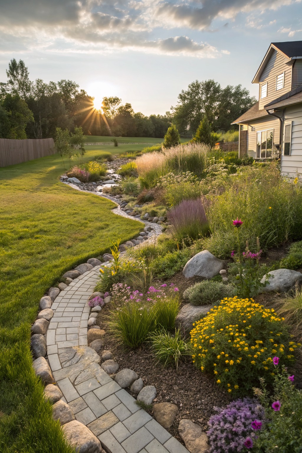 Winding dry creek bed of gray river rocks curves through a backyard garden bed filled with native grasses, pink and purple flowers, yellow blooms, large boulders, a bordering gray stone paver path, green lawn, wooden fence, trees, and a beige house under a partly cloudy sunset sky.