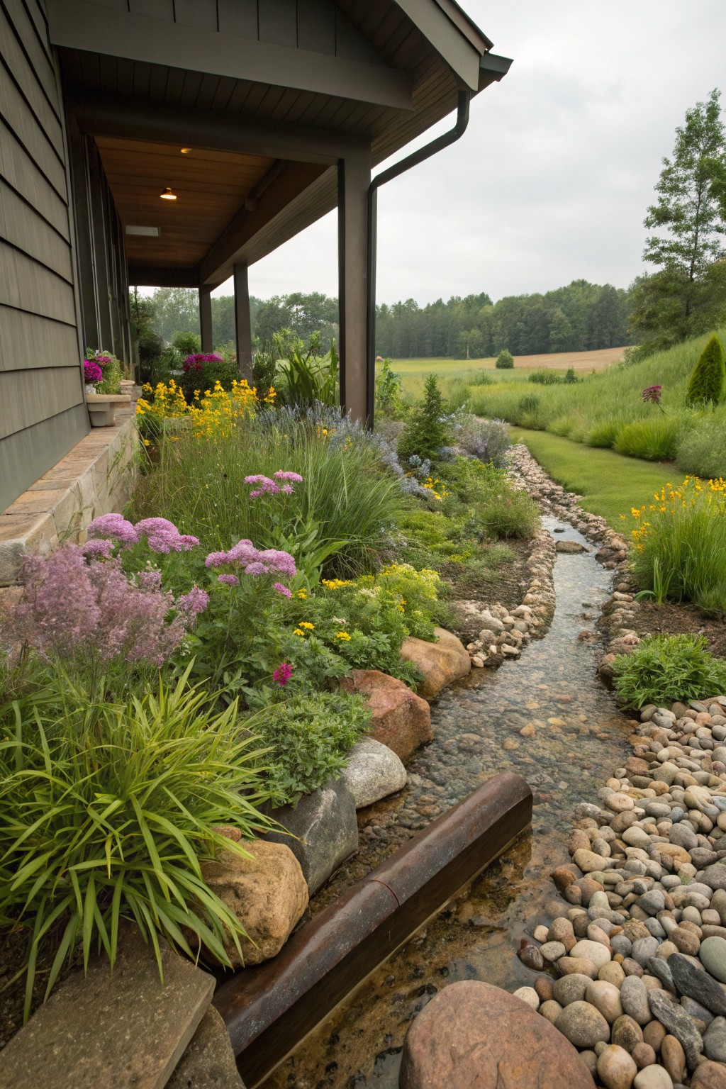 Landscaped border beside a gray house siding featuring a shallow dry stream bed lined with pebbles and boulders, edged by clusters of pink, purple, yellow, and blue native perennials and ornamental grasses.