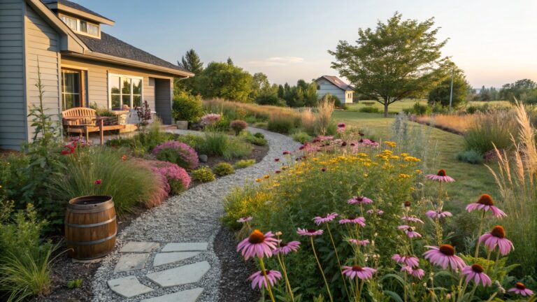 Clapboard house with porch and bench at sunset, overlooking a winding flagstone path through gravel-bordered beds of pink coneflowers, purple flower spikes, grasses, and wildflowers, with a wooden barrel nearby and fields beyond.