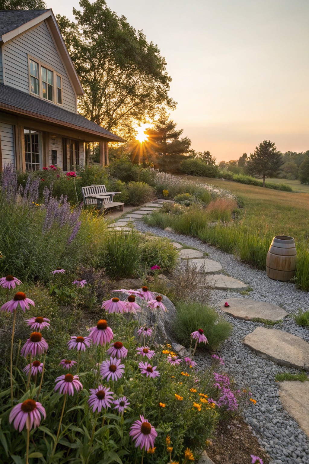 Clapboard house with porch and bench at sunset, overlooking a winding flagstone path through gravel-bordered beds of pink coneflowers, purple flower spikes, grasses, and wildflowers, with a wooden barrel nearby and fields beyond.