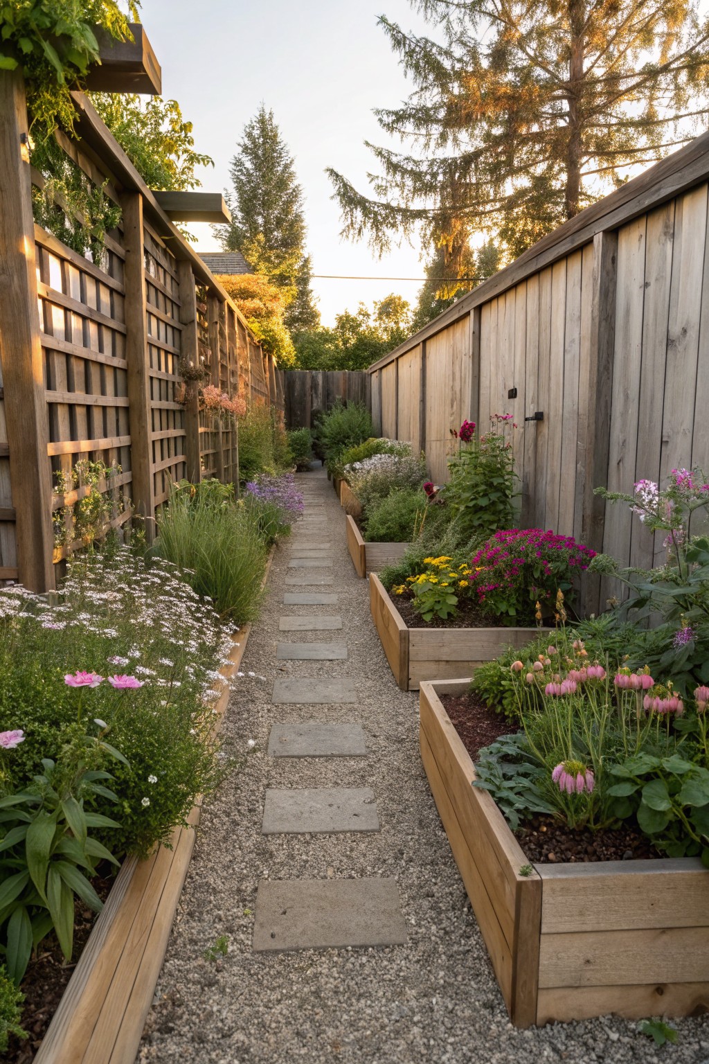 Narrow gravel pathway flanked by wooden raised planters filled with colorful flowers and plants, bordered by wooden lattice fences with climbing vines and tall trees in the background.
