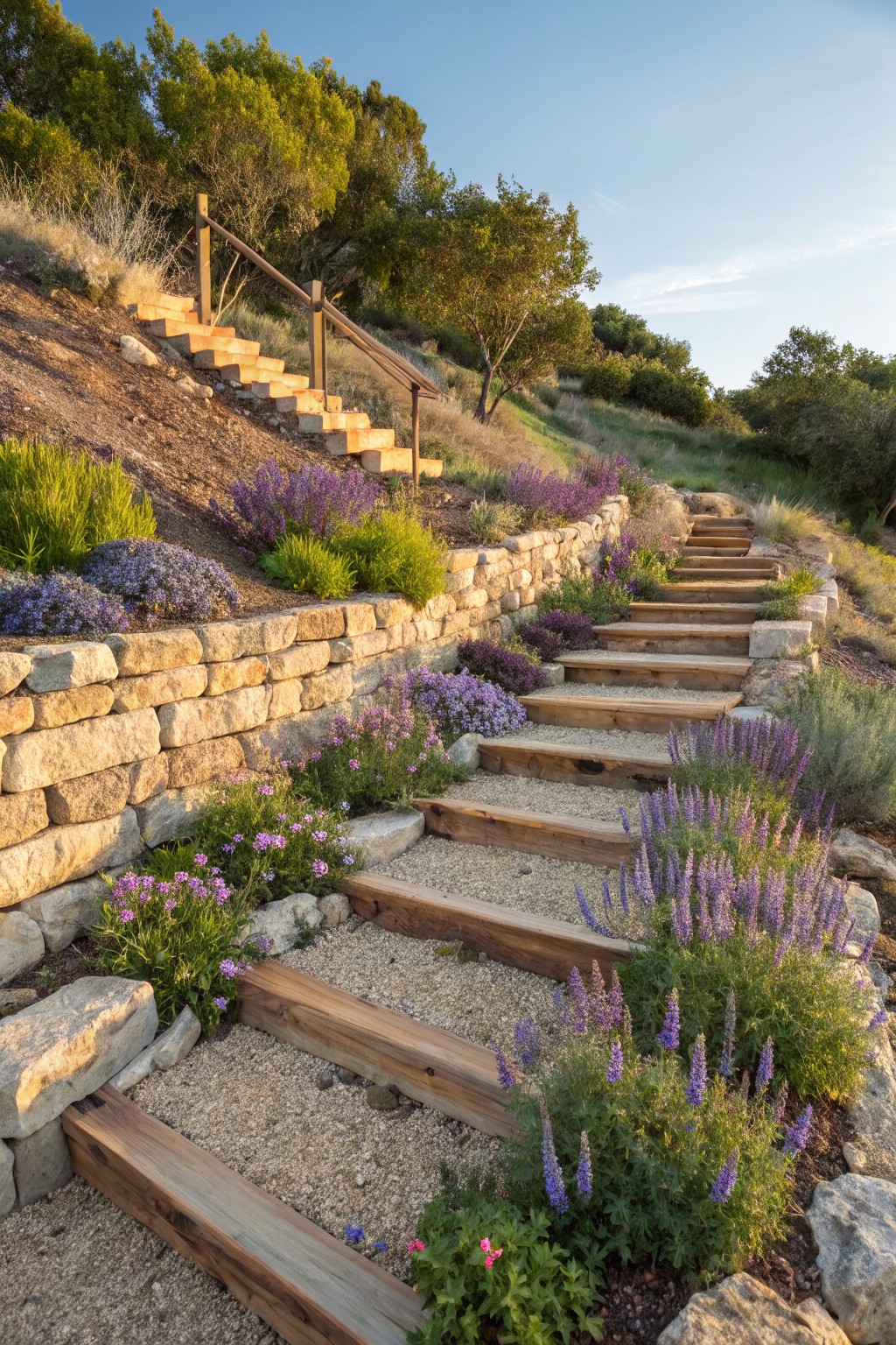 Wooden steps ascending a dry hillside, retained by stone walls planted with purple lavender bushes, green shrubs, and groundcovers, with trees and sky in the background.