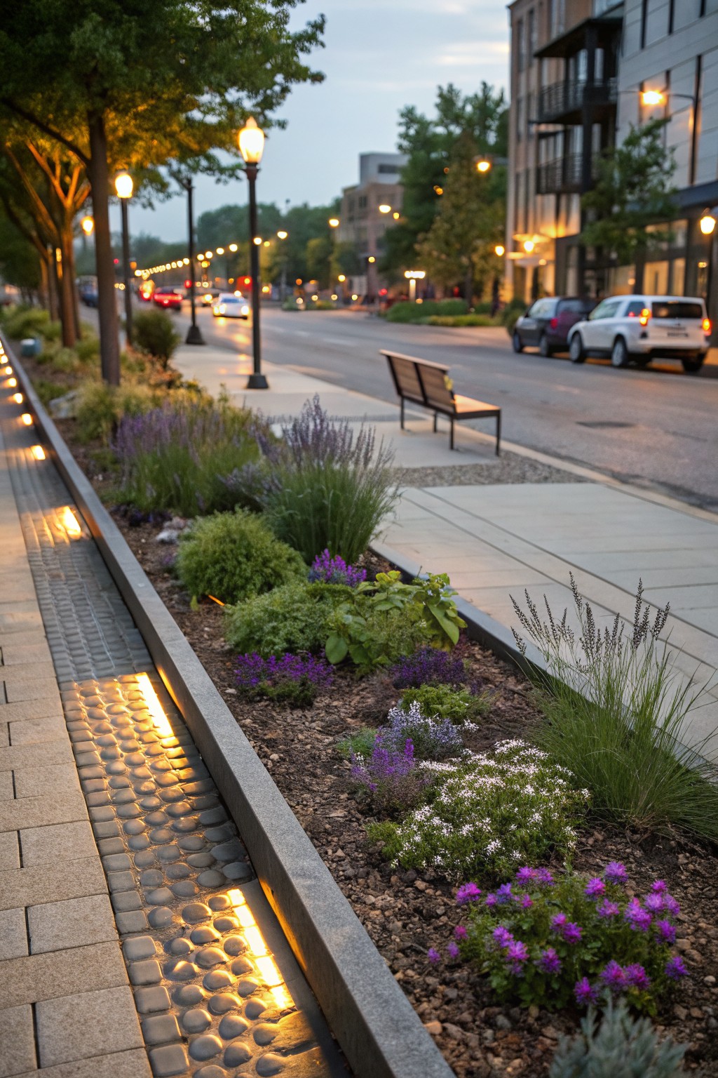Linear raised concrete planter beds along a sidewalk filled with purple flowering plants, grasses, and herbs, with integrated yellow LED lighting in the edging at dusk, next to a street with trees, lamps, bench, and parked cars.