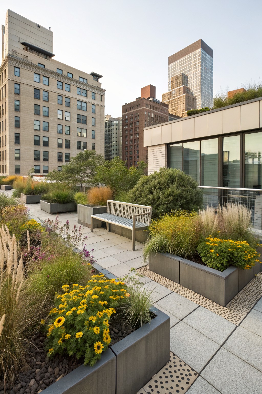 Rooftop terrace featuring gray concrete planters with tall ornamental grasses, yellow daisy-like flowers, shrubs, gravel mulch, a metal bench, stone paths, and surrounding city buildings.