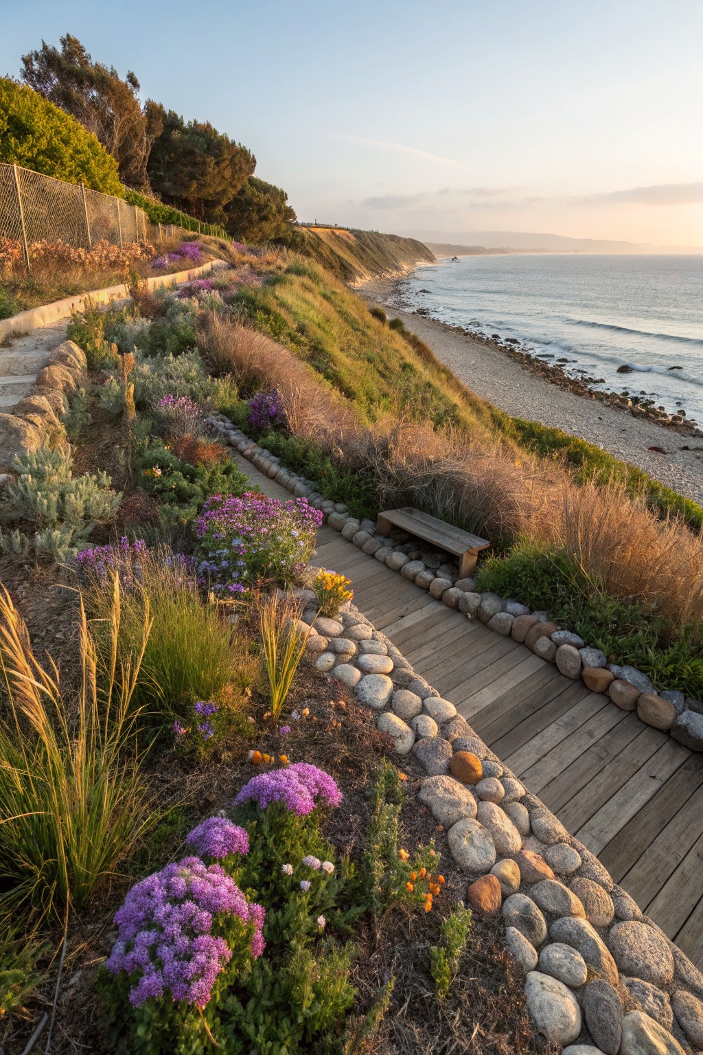 Wooden boardwalk path edged with rocks and native plants including purple flowers and grasses on a coastal bluff overlooking the ocean.