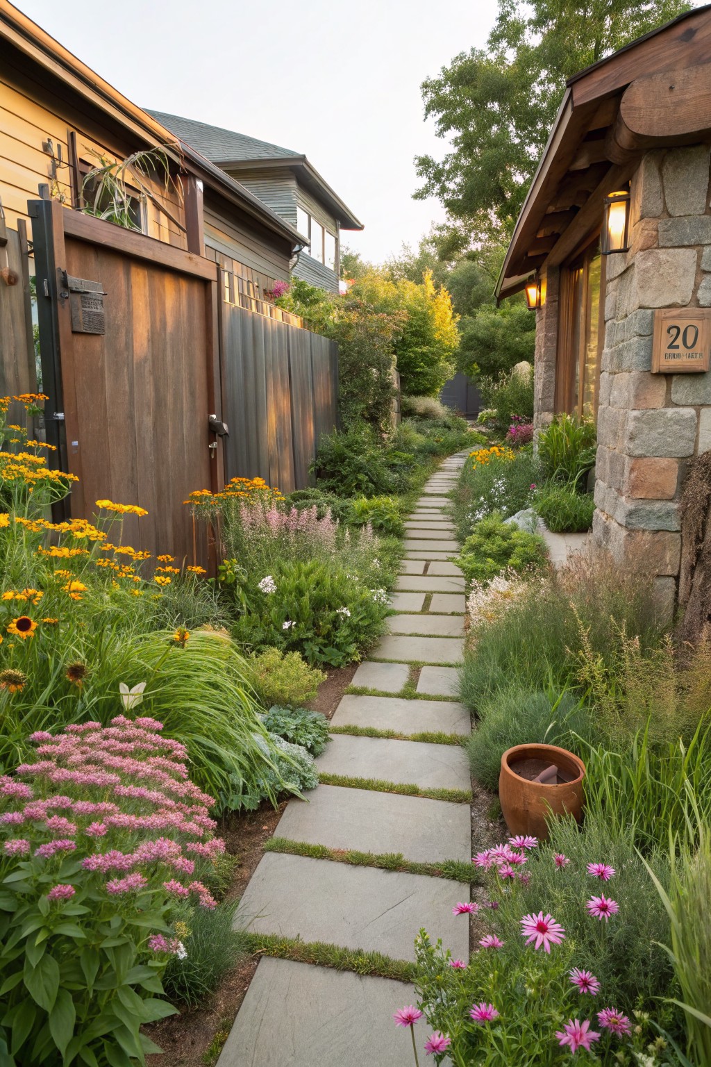 Narrow winding pathway of rectangular stone slabs lined with yellow, orange, and pink flowering plants and grasses between a wooden fence and stone wall of a house marked number 20.