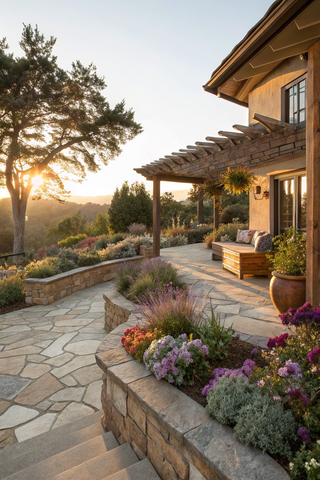 Flagstone path and steps along stone retaining walls edged with colorful native flowers, grasses, and shrubs, leading to a pergola-covered patio next to a stucco house with sunset lighting.