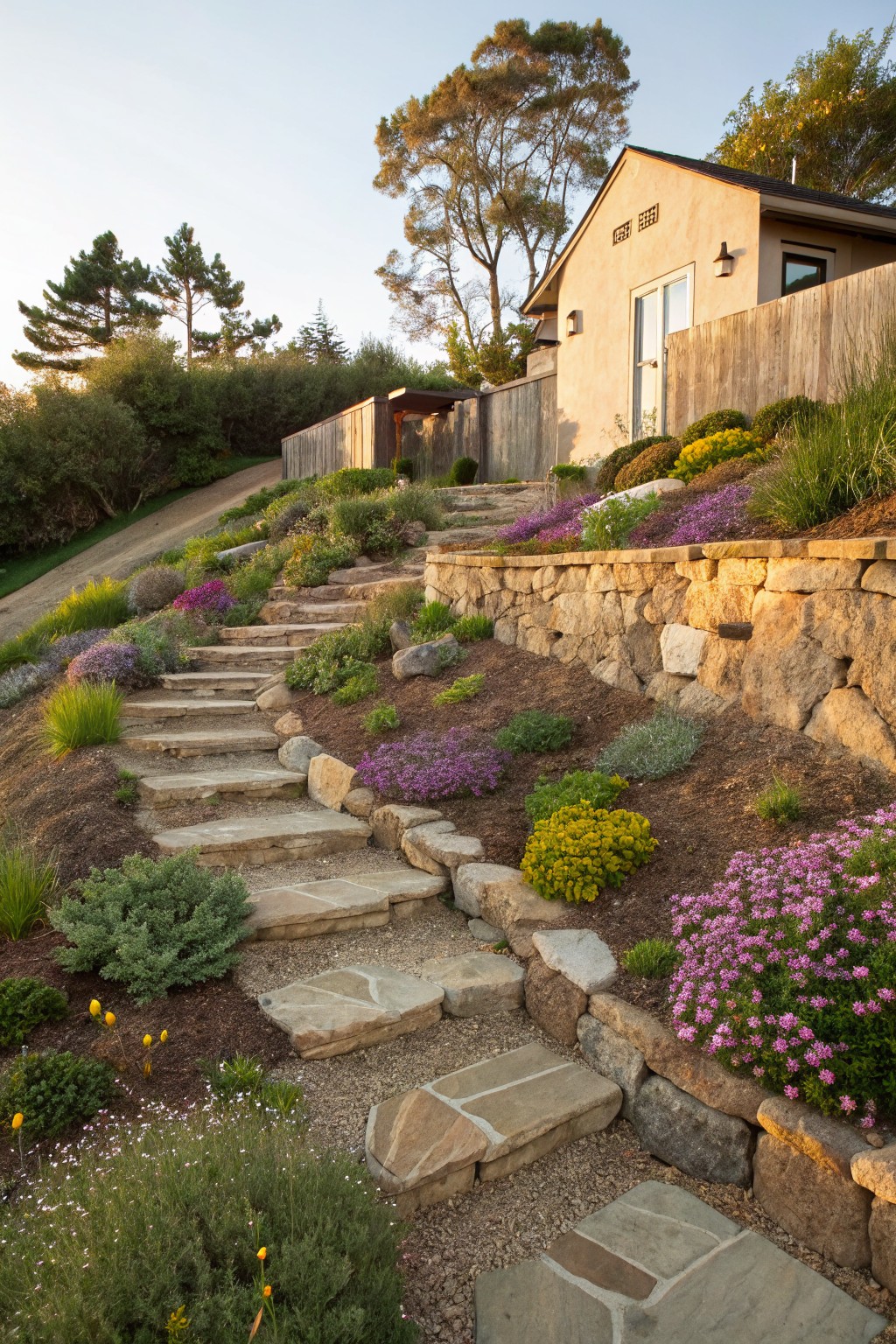 Winding flagstone steps ascend a terraced hillside retained by dry-stacked stone walls planted with colorful low-growing flowers and grasses, leading toward a small beige stucco building with a wooden fence.