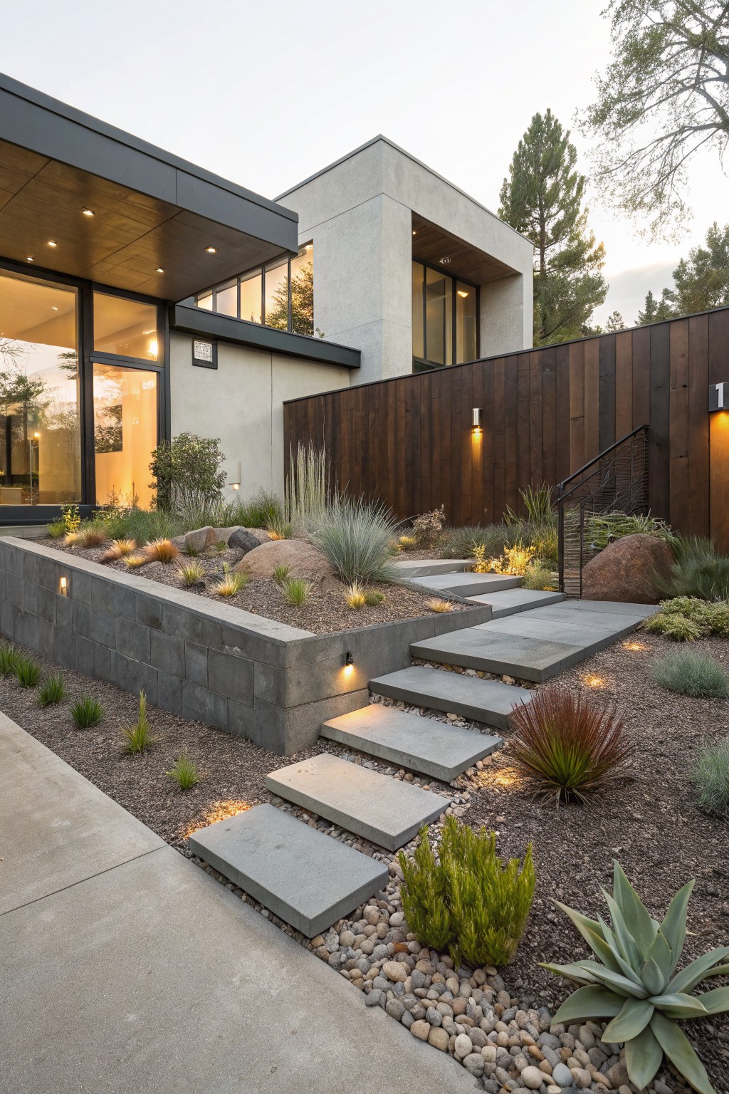 Exterior view of a modern house with a concrete retaining wall topped by grasses, succulents, and agave in gravel soil, wide flat stone steps descending to a driveway edged by pebbles and low plants, with dusk lighting along the path and wall.