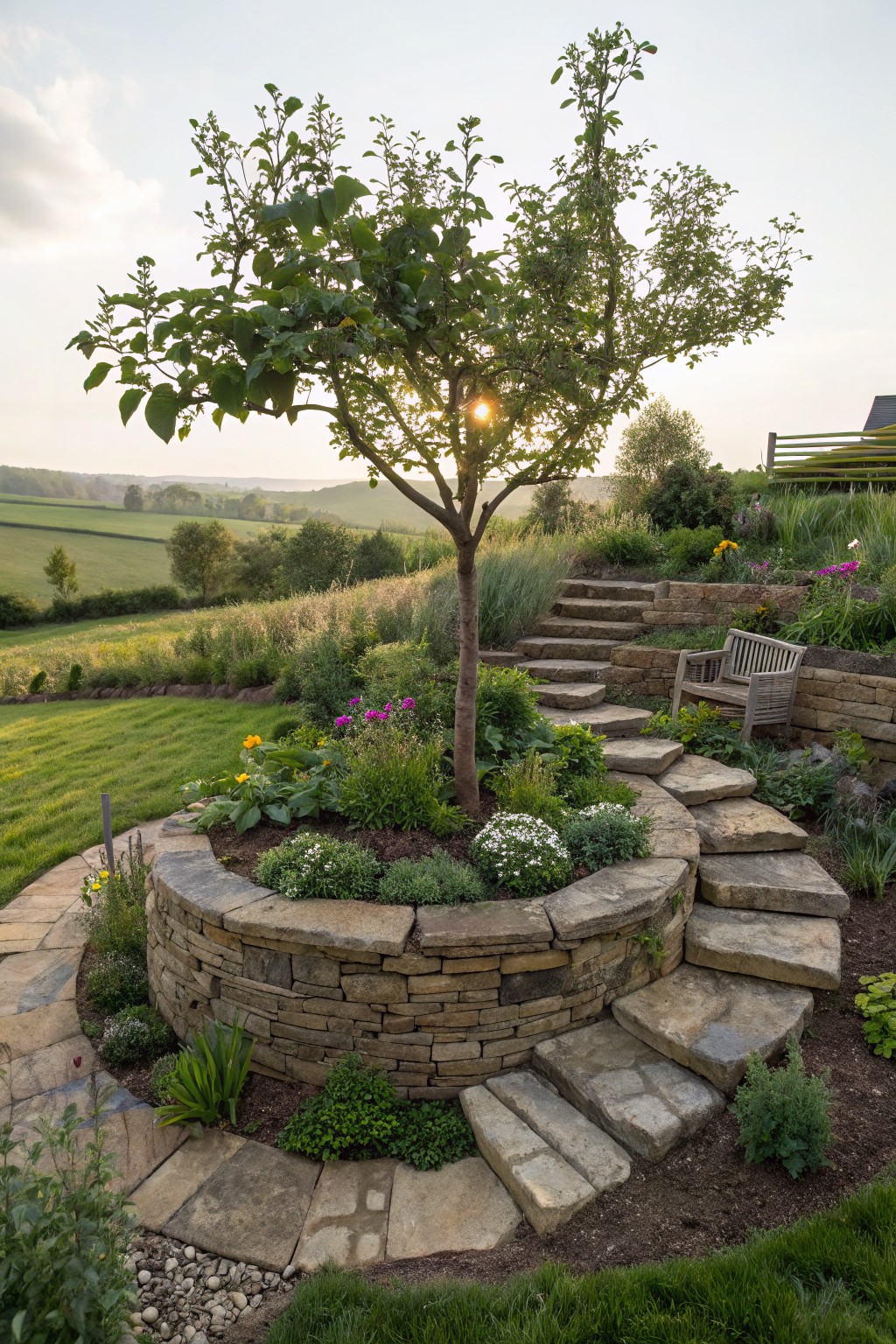 Circular stone raised bed containing a young apple tree, surrounded by flowering plants and herbs, with curving stone steps leading up a terraced garden slope, wooden bench nearby, and rolling green fields in the background at sunset.