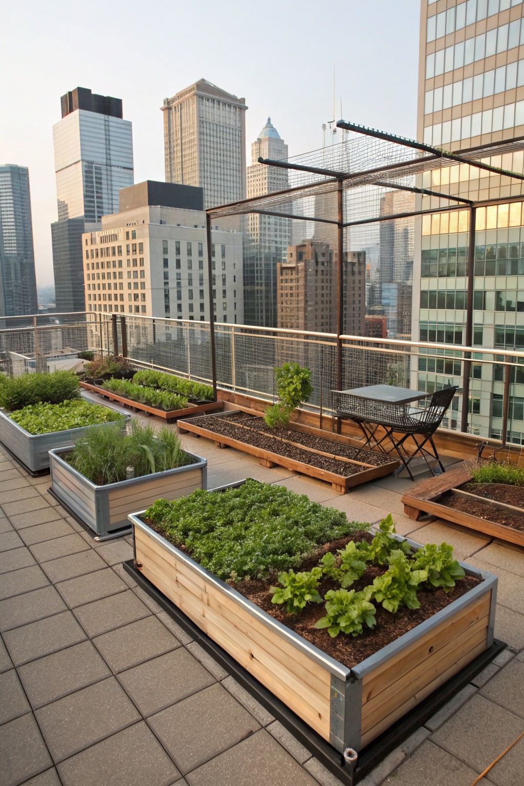Rooftop terrace featuring several rectangular wooden raised garden beds planted with vegetables and herbs, a small metal table with two chairs, wire pergola structure, and surrounding city skyscrapers at sunset.