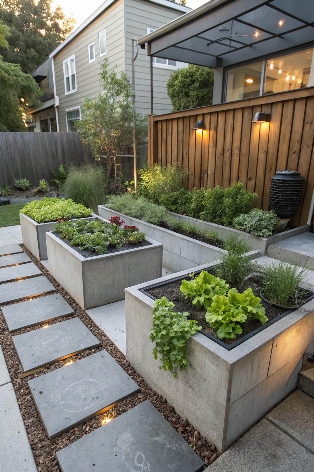 Backyard garden with multiple large rectangular gray concrete raised planters filled with vegetables including lettuce and herbs, arranged in a row beside a lit stone path, wooden fence, and house exterior.