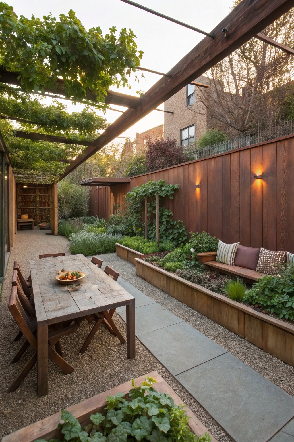 Narrow backyard with vine-covered wooden pergola overhead, central gray stone path flanked by wooden raised garden beds containing vegetables and herbs, wooden dining table with chairs, bench against cedar wood fence, and wall lights.
