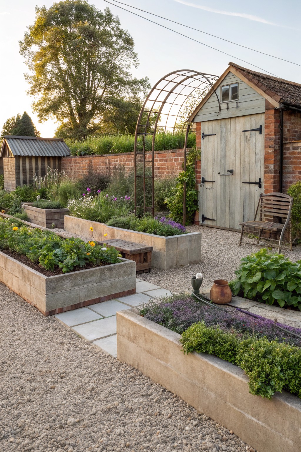 A gravel-covered garden area with multiple rectangular raised concrete beds planted with vegetables, herbs, and flowers, including a wooden arch trellis, benches, a watering can, and a shed with double doors against a brick wall.