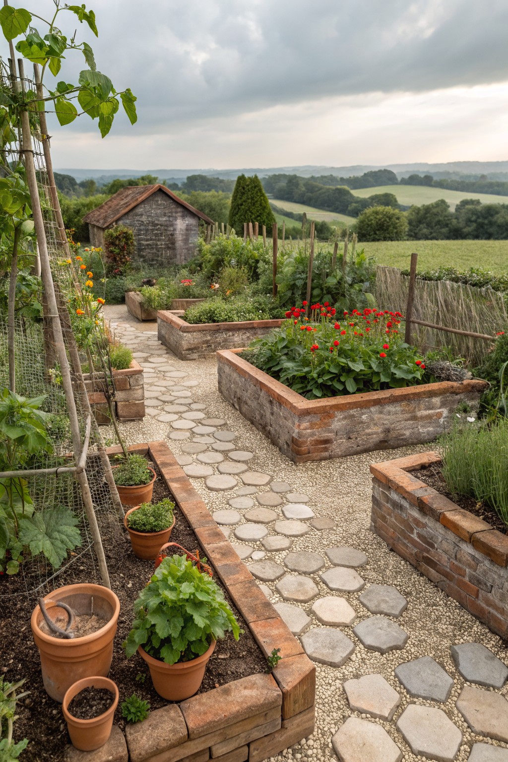 Garden featuring several rectangular raised beds made of brick filled with vegetables, flowers, and herbs, connected by a curving path of irregular gray stone pavers on gravel, with climbing plants on trellises, potted plants, a wooden shed, and distant rolling green hills under a cloudy sky.