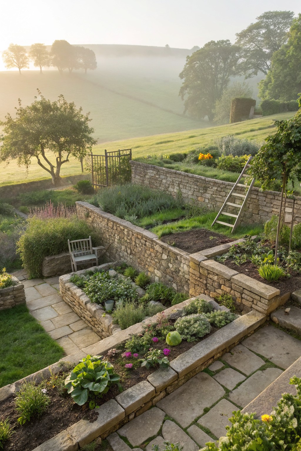 Terraced garden on a slope with dry-stone retaining walls forming raised beds of vegetables, herbs, and flowers, including pumpkins, lavender, and hostas, plus stone paths, a wooden chair, ladder, and misty fields at dawn.