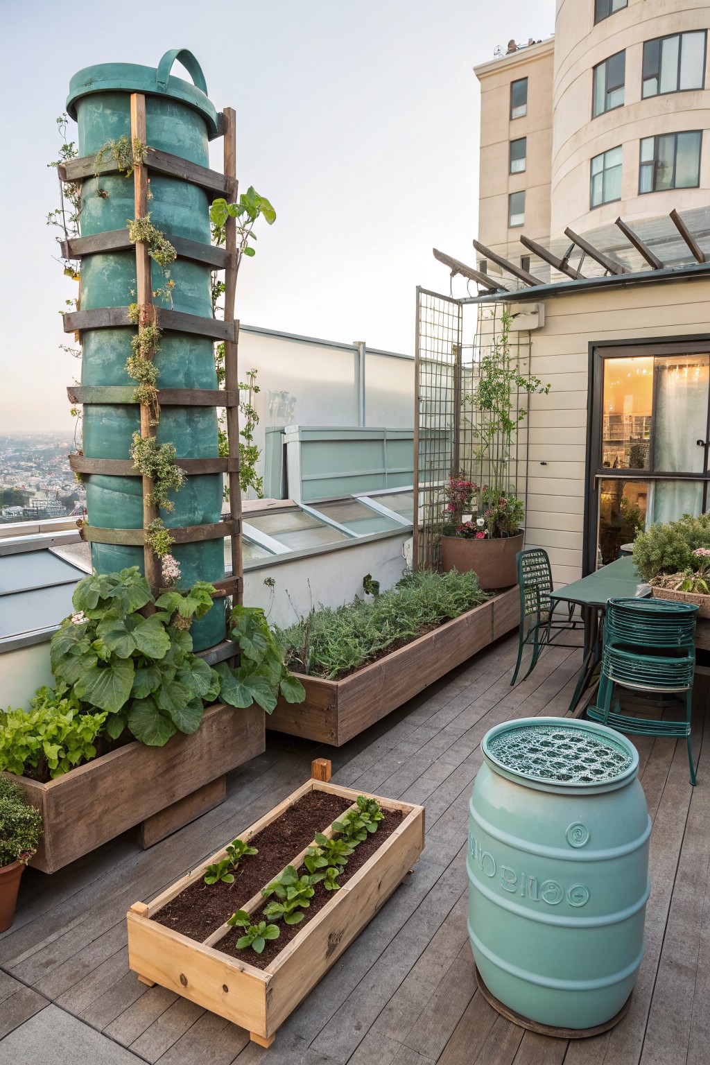 Rooftop terrace with a tall teal barrel as vertical planter overgrown with vines and pumpkins, wooden raised beds containing vegetables and herbs, potted plants, green outdoor chairs around a table, and city view in background.