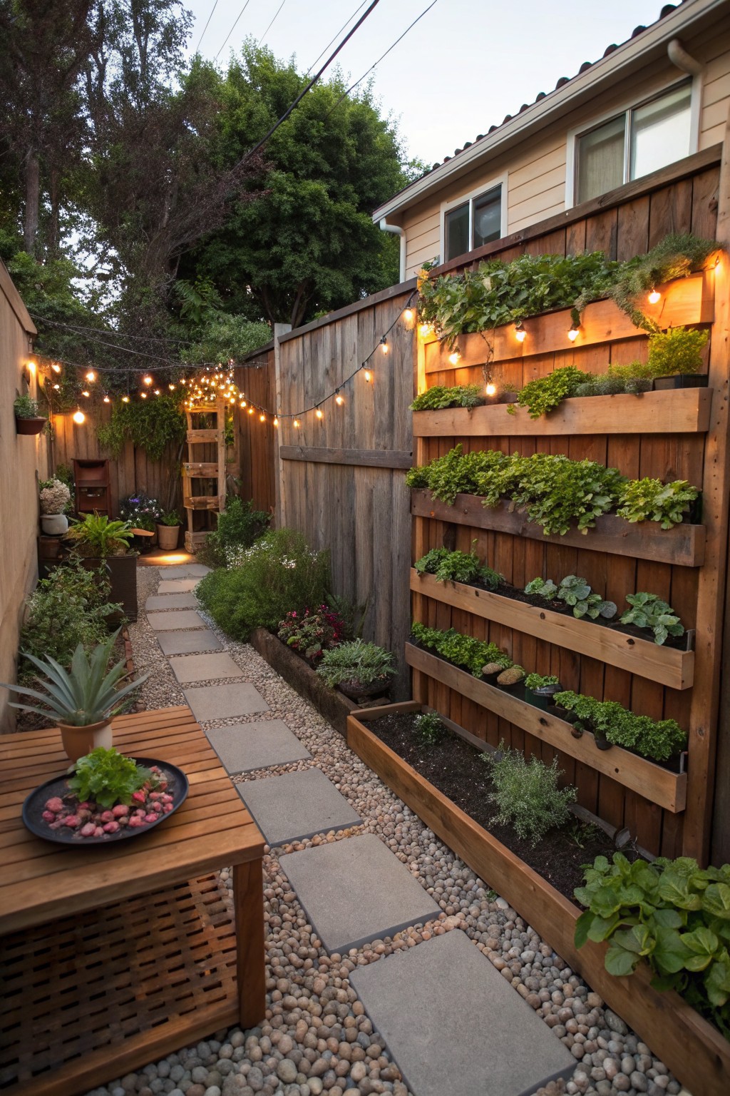 Narrow backyard pathway with wooden fences lined in vertical stacked planters growing herbs, greens, and strawberries, gravel borders, stone pavers, string lights overhead, and a wooden table with plants nearby.