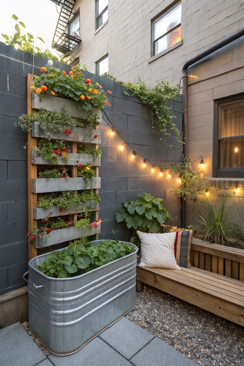 Vertical wooden pallet planters mounted on a gray concrete block wall, filled with green leafy plants, red and orange flowers, and trailing vines, beside a large galvanized metal tub planter with greens, a wooden bench with pillows, string lights, and gravel paving in a small urban courtyard.