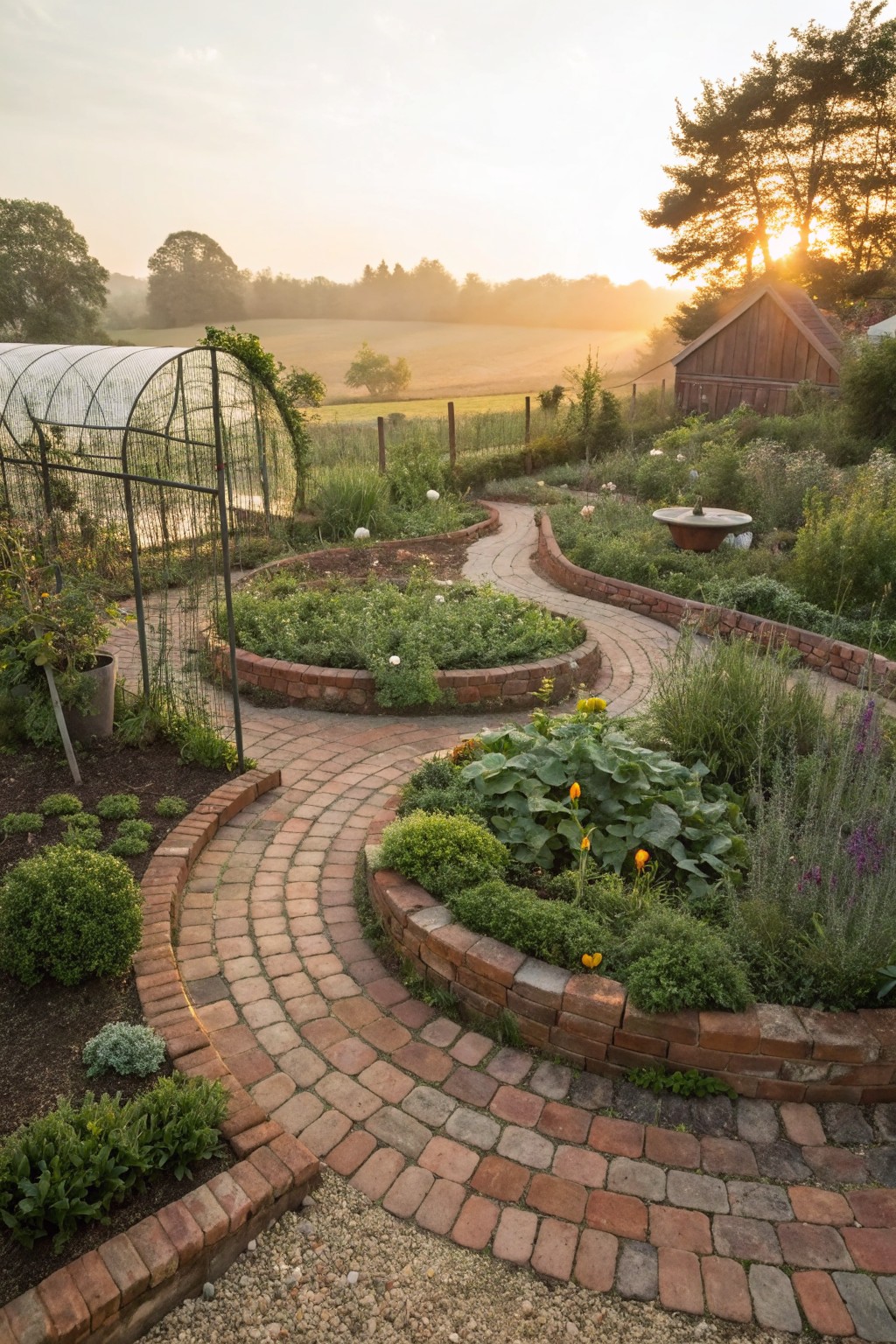 Garden with a curving red brick path winding through brick-edged raised planting beds filled with vegetables, herbs, flowers, and shrubs, plus a metal greenhouse and wooden shed in a rural field at sunrise.