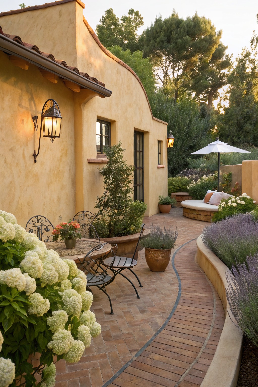 Curved beige stucco house wall bordering a brick-paved patio with wrought-iron bistro table and chairs adjacent to large white hydrangea bushes, a curved path edged in lavender, potted plants, and a round cushioned bench with pillows.