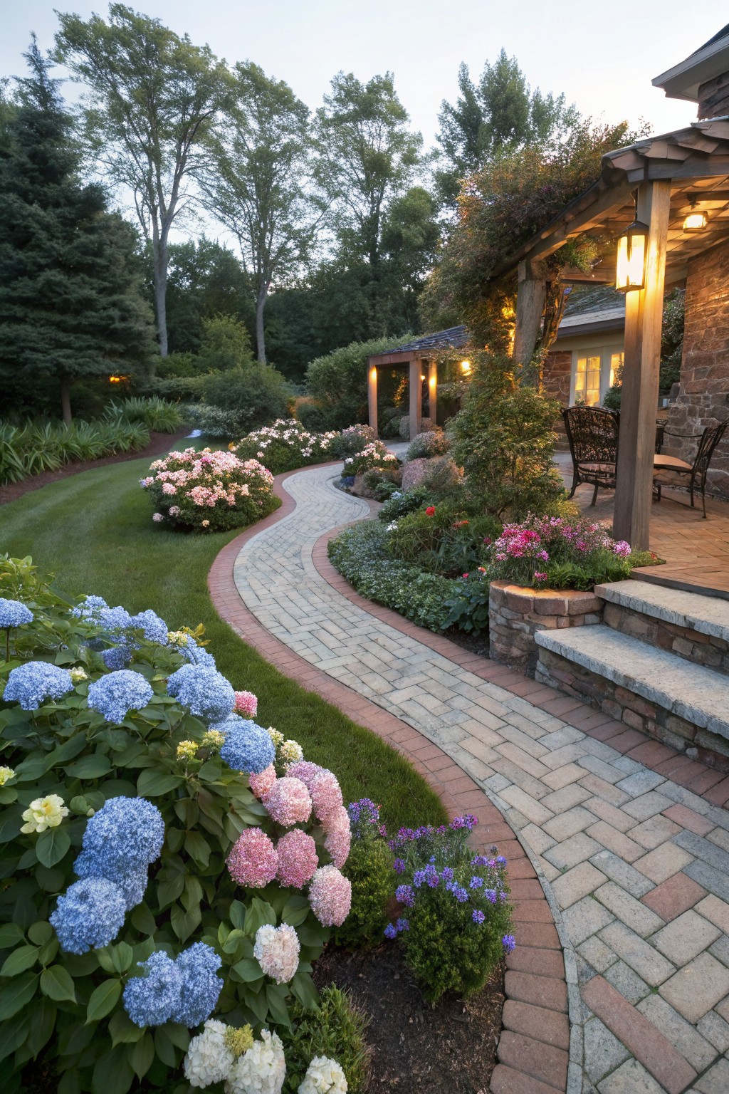 Winding brick pathway bordered by large blue, pink, and white hydrangea shrubs curves through a manicured lawn and garden beds toward a stone patio with wicker chairs under a pergola next to a brick house.