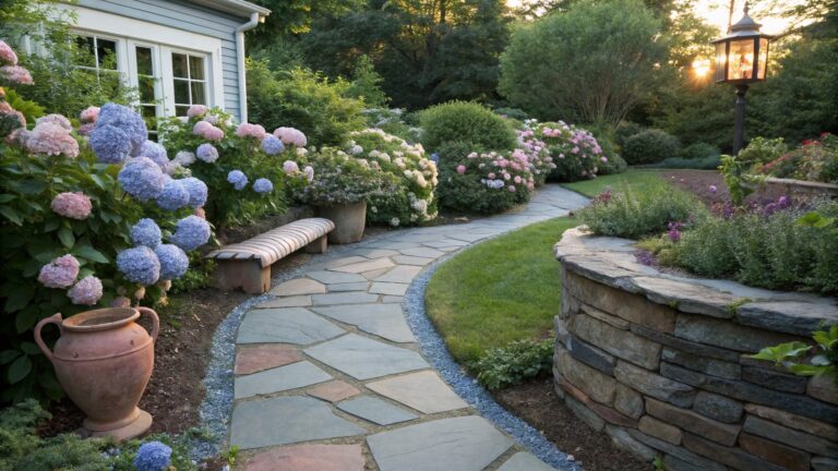 Winding flagstone path edged in gravel curves through garden beds filled with pink and blue hydrangea blooms, past a wooden bench and copper lantern, with house and trees in background.