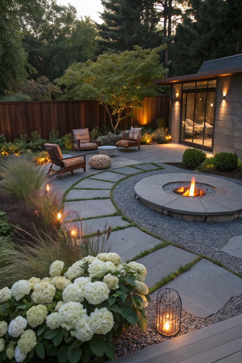 Curved gray slate paver path looping around a circular gray stone gas fire pit on gravel ground in a backyard, edged with ornamental grasses and large white hydrangea bushes, two tan lounge chairs with cushions, spherical boulders, lanterns, and a modern house with glass doors behind a wood fence.