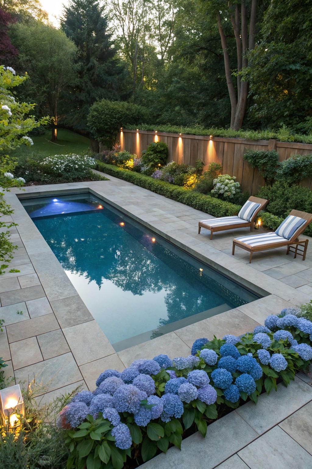 Narrow rectangular lap pool with blue underwater lighting and reflections, surrounded by light gray stone pavers, wooden chaise lounges with striped cushions, borders of blooming blue hydrangea shrubs, wooden privacy fence with integrated lights, and lush garden backdrop.