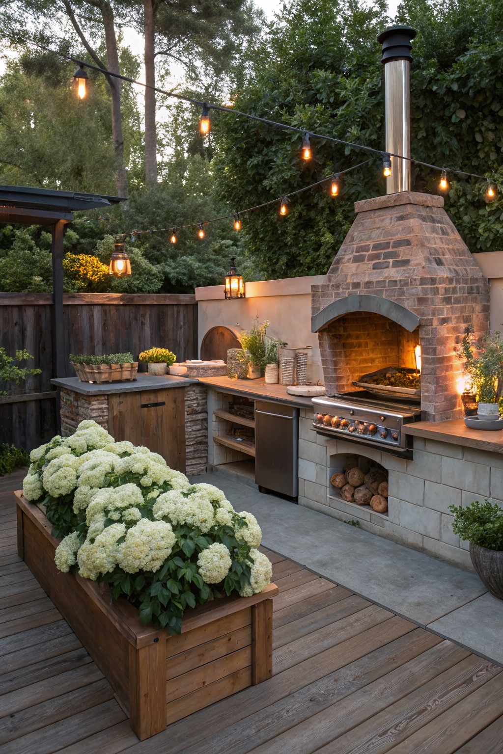 Outdoor kitchen on wooden deck with brick pizza oven, stainless steel grill, countertop, large wooden planter overflowing with white hydrangea flowers, string lights overhead, and greenery around.