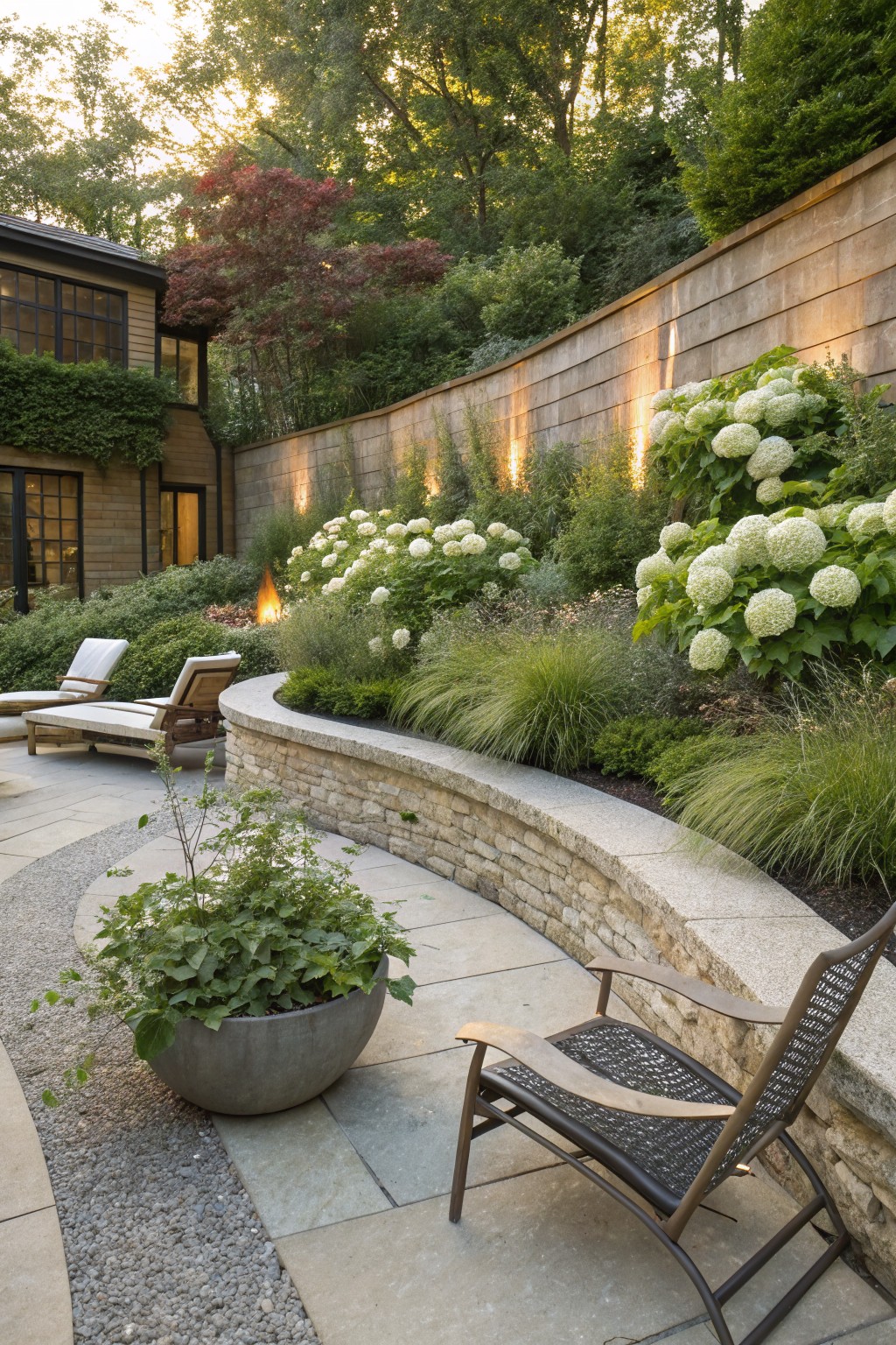 Curved limestone retaining wall in a backyard planted densely with white hydrangea bushes and ornamental grasses, next to a paved patio with lounge chairs, a fire pit, and a house against a wooded hillside.