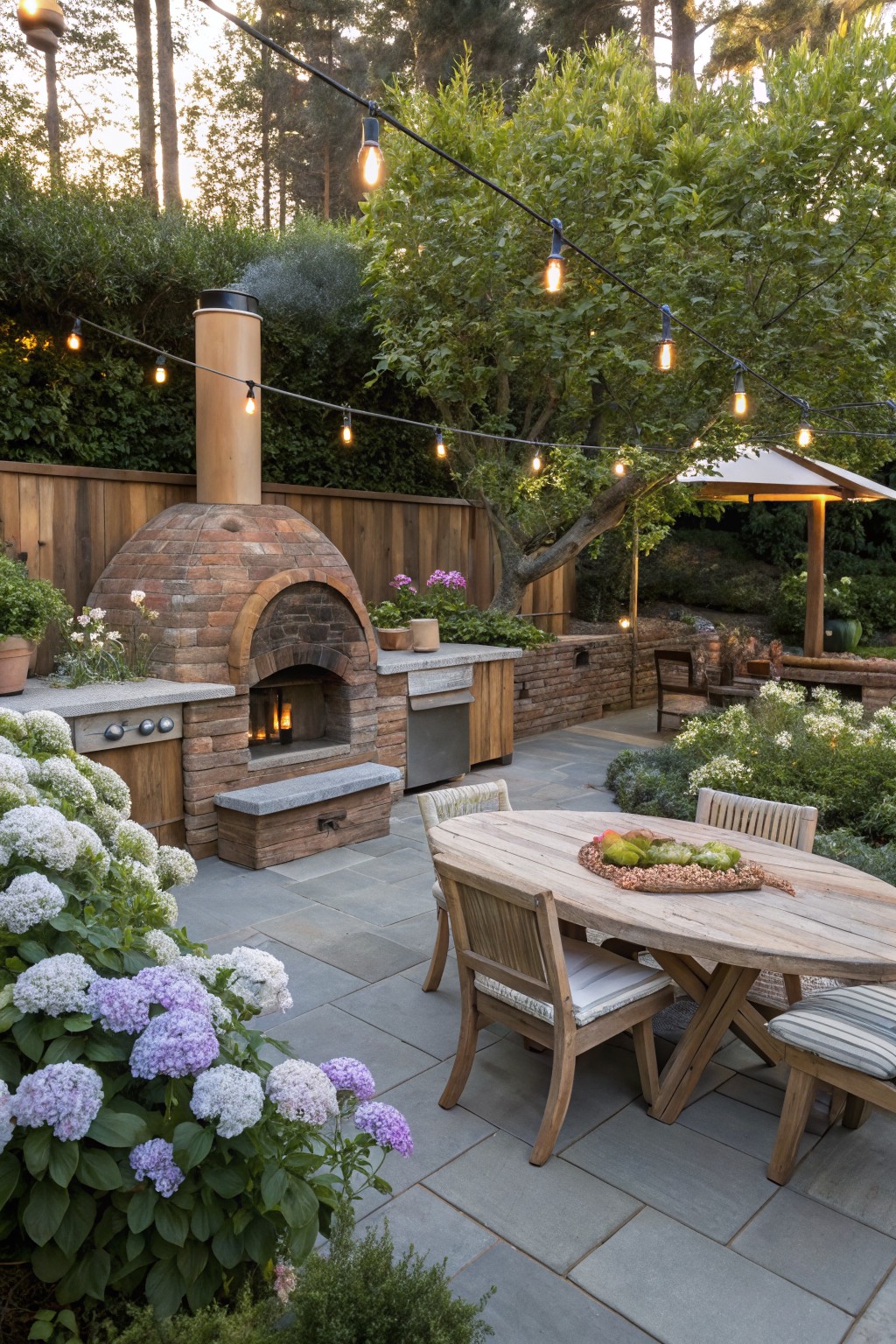Backyard stone patio with brick wood-fired oven and counters, oval wooden dining table with cushioned chairs, large white and purple hydrangea bushes along the edges, string lights overhead, and surrounding garden plants and fence.